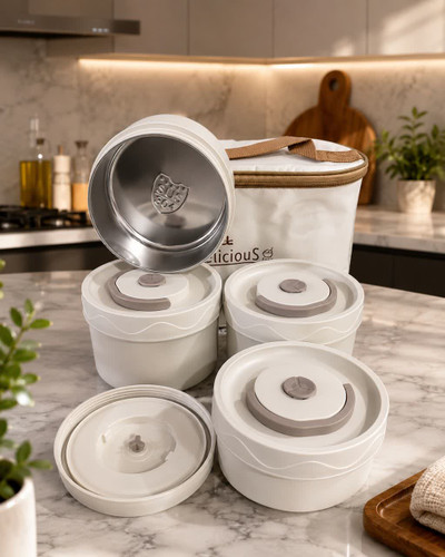 لانچ باکس 4 تکه ساک دار داخل استیل درب پیچی واشر دار ضدنشتی همراه و قابل حمل رنگ سفیدکرم