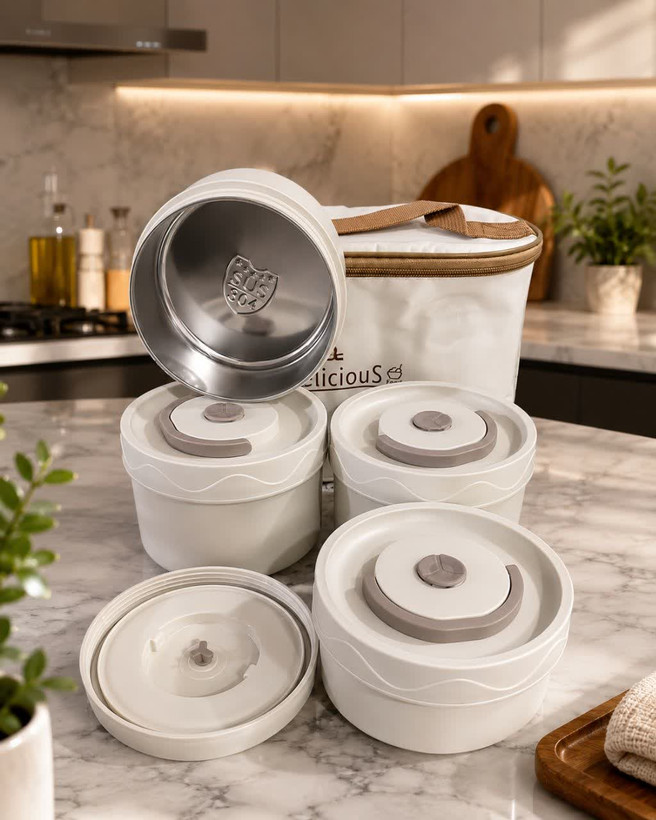 لانچ باکس 4 تکه ساک دار داخل استیل درب پیچی واشر دار ضدنشتی همراه و قابل حمل رنگ سفیدکرم